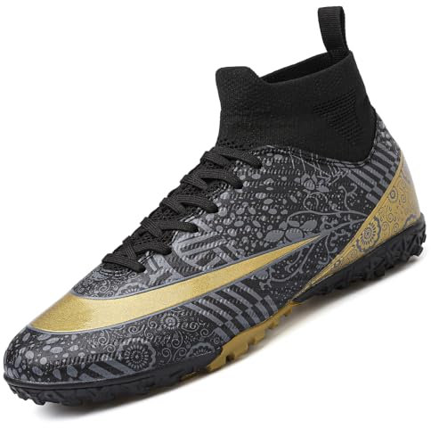 VTASQ Scarpe da Calcio Uomo All'aperto Sportivo Erba Tacchetti Teenager Adulto Training Alte Scarpe da Calcetto Spike Professionale Scarpe da Allenamento Unisex Nero/Oro 37 EU