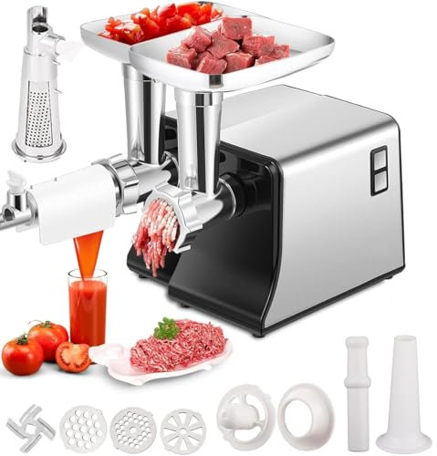 QYOEGSQ Electric Meat Grinder Tomato Strainer Sausage Stuffer,Multifunctional Tomato Sauce Maker Meat Mincer Machine With 3 Cutting Plates,Tomato Machine,Sausage Stuffer Tubes & Kubbe Kit