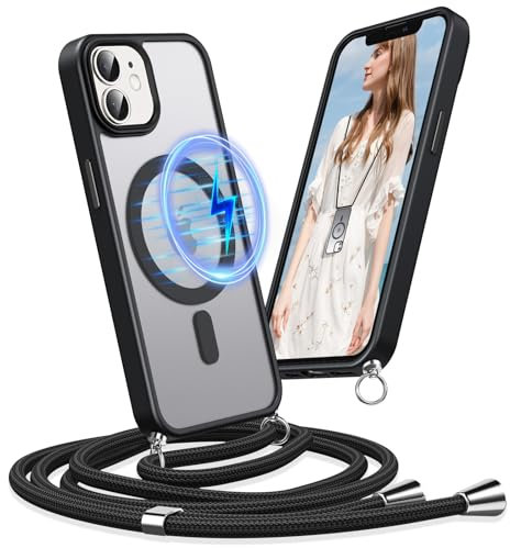 Buoluoioir Coque pour Apple iPhone 11 avec Cordon,Etui avec Coque pour MagSafe iPhone 11 6.1,Compatible avec magnétique,Coque Translucide Collier Chaîne,Dos Mat,Crossbody,Noir