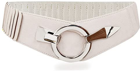 Glamexx24 Elastischer Damen Taillengürtel gürtel 6cm breiter Hüftgürtel mit silberner Ring (Beige, Taillenweite 75cm-110cm)