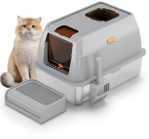 Uisave ‌Edelstahl Katzenklo XXL Vollverschluss mit Aktivkohlefilter & ABS-Deckel – Geruchsneutralisierend, Leicht zu Reinigen inkl, Fußmatte und Schaufel 60L (Grau)