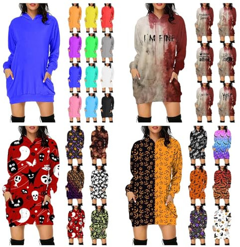 Generisch Halloween Kostüm Damen Herbstkleid Pullover LäSsig Bequem LangäRmelig Kapuzenpullover Mit Tasche Pullover (Stil1-Green, S)