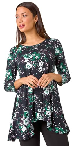 Roman Originals Hanky Hem Tunic Top for Women UK - Ladies Longline Blouse Asymmetric Hemline Casual Slouch Loose 3/4 Sleeves Round Neck Relaxed Comfortable Holiday - Green Noir White - Size 10