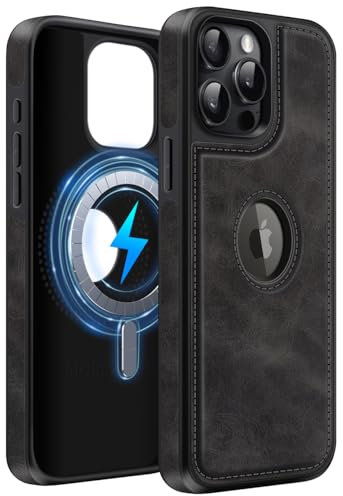 MOBESV Lederhülle mit Logo-Ansicht für iPhone 15 Pro 6,1 Zoll, Magnetisch Handyhülle kompatibel mit MagSafe, Dünn Klassische Elegant Hülle, Schwarz