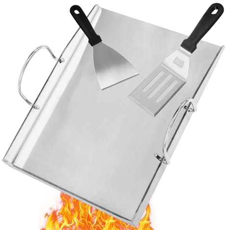 Universelle Edelstahl Plancha Grillplatte mit 2 Grillspachtel Set, 40 x 30 Grill Platte für Weber, Enders, Burnhard Gasgrill und Holzkohlegrill Ersatzteile Zubehör, Massiv aus 4mm