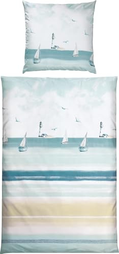 REDBEST Renforcé Bettwäsche Maritim blau-beige Größe 80x80 cm / 135x200 cm - temperaturausgleichend, strapazierfähig, mit Reißverschluss