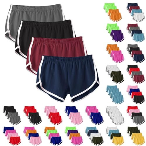 Lot De 4 Short De Sport Femme Coton Taille Haute,Décontracté Jogging Fitness Sport Training Yoga Golf Pantalon Court Tennis Joggers Running D'Été pour Femmes Bordure Blanche Short Running Femme