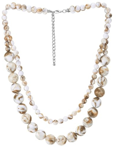 COOLSTEELANDBEYOND Collana Perle Marmorizzate Donna Doppio Filo Perle Acriliche Marroni Bianche Gioiello Statement