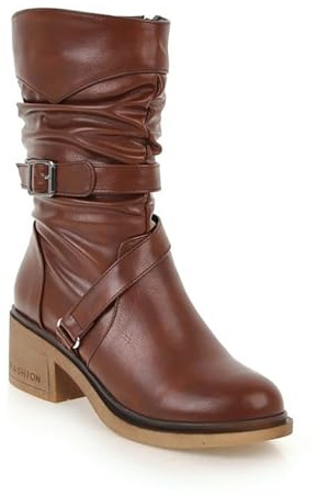 GHSIRUEU Stivali metà Polpaccio Donna Punta Arrotondata Cerniera Retro Biker Stivali con Fibbia,Marrone,34 EU
