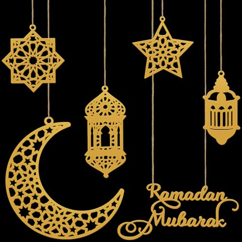 6 Stück Ramadan Deko Anhänger Ornament, Acryl Ramadan Kareem Dekoration, Ramadan-Dekor Stern Mond Windlicht Form Anhänger für Muslim Ramadan- Eid Mubarak Party Dekorationen