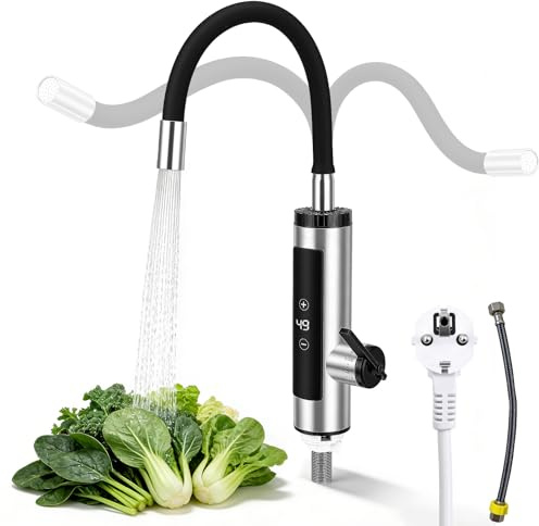 Robinet elect. chauffe-eau 220V 3000W, inox 304, 360 Grad, LED affichage temp., thermostatique, anti-eclab., eau chaude immediat, tuyau 1/2 (pas 3/8), fiche Schuko fixe, montage plan