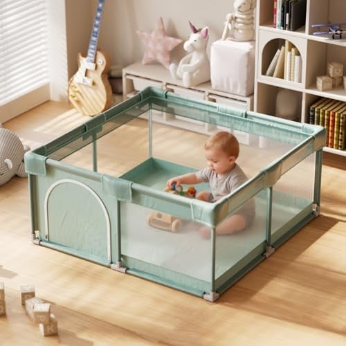 Koonmi Baby-Laufstall 120 x 120 cm, faltbares Laufgitter Hellgrün | Atmungsaktives Netz mit Stoff und Saugnäpfen, faltbarer Spielbereich für Babys und Kleinkinder, innen und außen