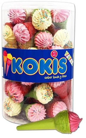 KOKIS Conos de Galleta Rellenos de Merengue Seco, Sabor Limón y Fresa, Colores Variados, 40 Unidades