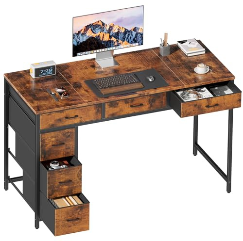 DLONGONE Computer Desk with 6 Drawers, 120 x 50 cm Home Office Desk, Reversible Study Table with Storage, Desks & Workstations for Workers, Students and Gamers, Industrial Style, Rustic Brown