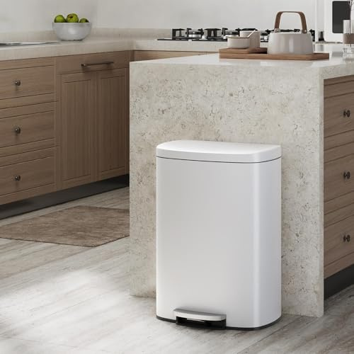 GarveeTech Poubelle Cuisine 50L Inox, Poubelle à Pédale Forme Ovale, Couvercle Fermeture Douce et Maintien Ouvert, Seau Intérieur Amovible, Anti-Odeur, Blanc