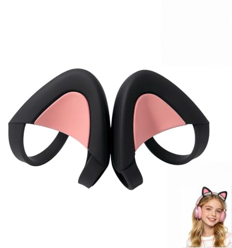 Cat Ears for Headphones, Cute Silicone Cats Ear Headphone Accessories, Detachable Headset Decor for Over-Ear Headphones, Universal Headphone Cat Ears for Gaming, Streaming, Cosplay (Black&Pink)