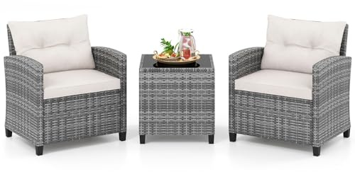 FANTASK 3-TLG. Rattan Gartenmöbel Set, 2 Gartensessel mit Kissen & Tisch mit gehärteter Glasplatte, Balkonmöbel Wetterfeste, Terassenmöbel, Sitzgruppe 2 Personen für Garten Balkon (Warmweiß)