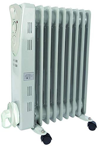 Perel Radiador de aceite de 2000W con 9 elementos, 3 niveles de calor, termostato ajustable, asa, ruedas, protección contra sobrecalentamiento y vuelco, calefactor portátil, silencioso y eficiente