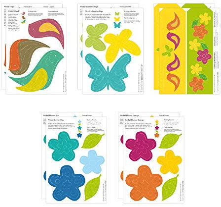Familienmomente 10 Bastelbogen zum Prickeln Frühling (2x Vögel, 2x Blumen Orange, 2x Blumen Blau 2x Schmetterlinge Türkis, 2x Frühlings-Windlichter) DIN A5