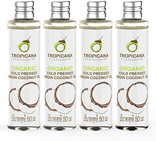 Tropicana Oil 100% Natural Virgin Organic Coconut Oil in 4x50 ml Gluten Free Oil | Organic Cold Pressed Coconut Oil |Extra Virgin Coconut Oil For Your Health, Hair, Skin, Cooking |Bio Vegan Body Oil