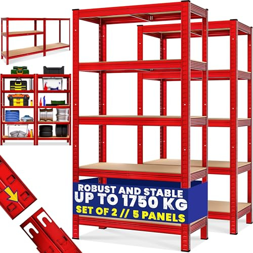 Monzana® 2x 5 Tier Heavy Duty Garage Shelving Unit 180x90x40cm Shelf Red | Shed Racking, Galvanised Steel, Metal Shelving Units, Storage Shelves, Warehouse, Shed Rack, Workshop Bench, Garage Storage
