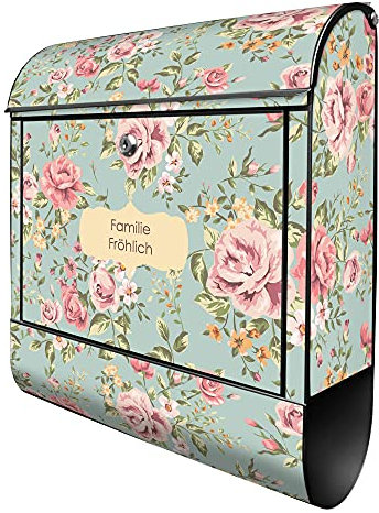 banjado® Design Briefkasten personalisiert Altrosa Blume 38,5x46,5x13cm & 2 Schlüssel - Briefkasten Stahl schwarz Zeitungsfach pulverbeschichtet - Postkasten A4 Einwurf inkl. Montagematerial