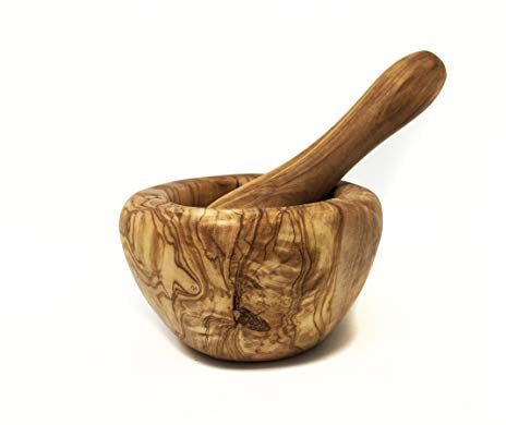 AramediA - Juego de molinillo de mortero y pilón de madera de olivo, para artesanías tunecinas para picar especias de cocina – Ajo Smasher