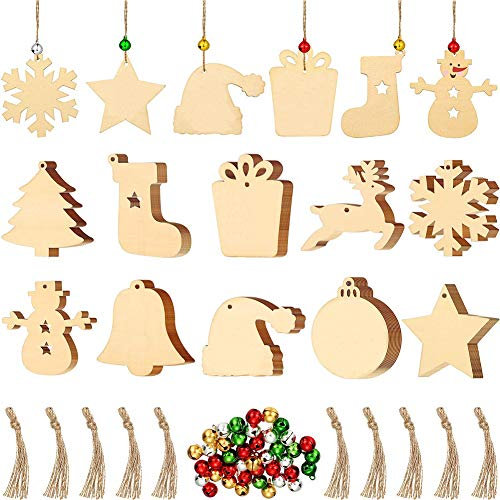 Queta 300 Stück Christbaumschmuck Set Holz Weihnachtsbaumschmuck Glocken Hanfseil DIY Weihnachtsbaum Deko Holz Weihnachtsanhänger Handwerkliche Verzierungen für Weihnachten