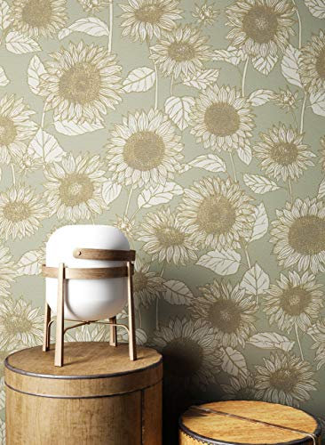 NEWROOM Tapete Grau Vliestapete Blumen - Blumentapeten Floral Grün Creme Sonnenblumen Natur Mustertapete Landhausstil inkl. Tapezier-Ratgeber