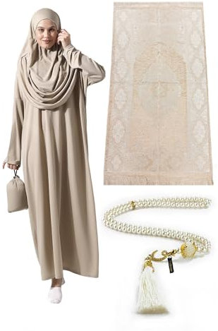 Muslimische Kleider für Frauen, einteiliges, langärmliges islamisches Gebetskleid mit Gebetsteppich und Perlen, islamisches Set, Mink, XS/XXL