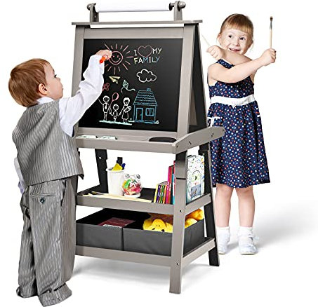 GOPLUS 3 in 1 Standtafel für Kinder, Magnetisches Whiteboard & Kreidetafel, Doppelseitiger Staffelei mit Aufbewahrungsbox, Maltafel, Schreibtafel, Kindertafel ink. Malpapier und Magneten (Grau)
