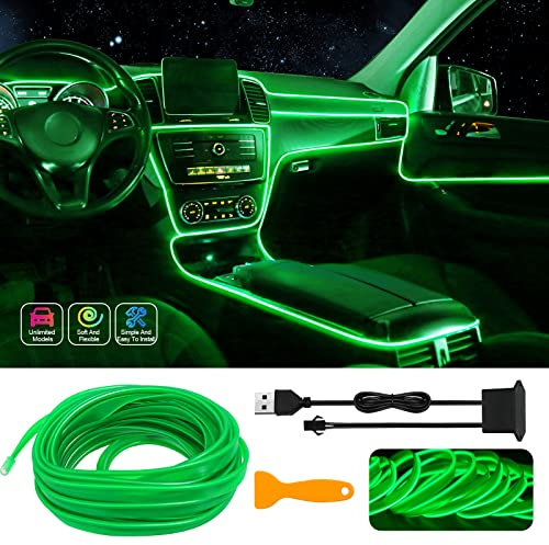 Striscia luminosa LED elettroluminescente per interni dell’auto, cavo USB al neon con bordo cucito da 6 mm, filo luminoso 5 m, kit decorazione degli verde