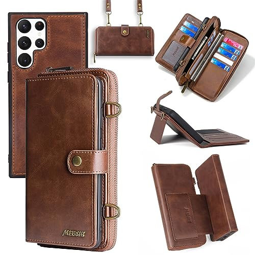 Yidai-Silu Lederhülle für Galaxy S22 Ultra Wallet Case 【3 in 1 Abnehmbar Geldbeutel, Mutil-Funktion】 Magnet Hülle PU Leder Etui Flip Cover Brieftasche Geldbörse für Samsung Galaxy S22 Ultra - Braun