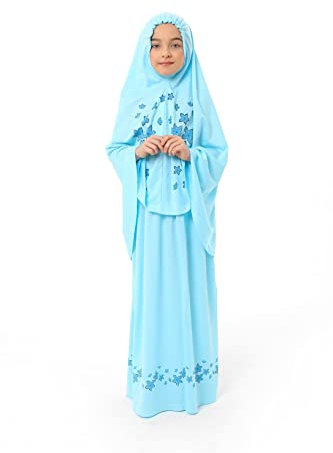 Elanesa Mädchen Gebetskleidung Kinder Islamische Kleidung Kleid Mädchen Zweiteilige Kleider Maxi Skirt, Langer Hijab und Rosenkranz Geschenk Blumen gedruckt (6-7, Türkis)
