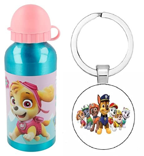 OM SUPPLIES Botella deportiva de la Patrulla Canina de 400 ml, aluminio, almuerzo para niños, incluye llavero de Paw Patrol