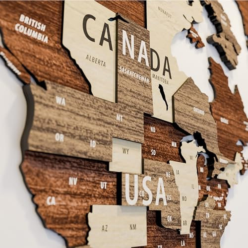 Multilayered 3D Wooden World Map, Travel Map with States and Capitals, Wall Decor For The New House, Gift For Travelers, Office Decor, Educational Activity for Children (M, Mixed)