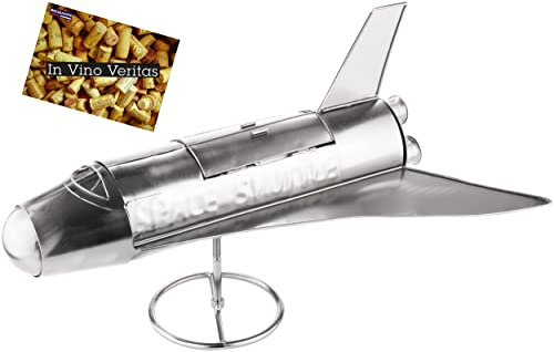 BRUBAKER Weinflaschenhalter Space Shuttle - Metall Skulptur Flaschenständer Rakete Raumfähre - Silber Metallfigur Flaschenhalter Weingeschenk für Raumfahrt und Weltall Fans mit Grußkarte