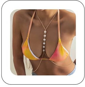 Yienate Sexy Perlen-Körperkette Zierliche Gold-Kunstperlen-Strand-Bikini-Kette BH-Bauch-Hals-Brust-Kette Feines Körpergeschirr Bralette Crossover-Körper-Halskette Festival-Schmuck für Frauen Mädchen