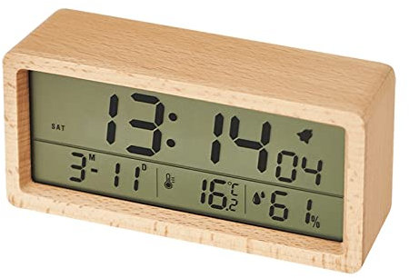 SANON Digitaler Wecker, Digital Uhr Batteriebetrieben, Holz-LCD-Uhr mit Hintergrundbeleuchtung, Schlummertemperatur und Luftfeuchtigkeit für Schlafzimmer, Wohnheim