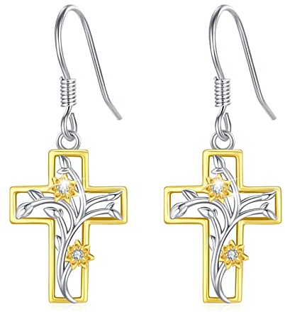 Gold Kreuz Gänseblümchen Ohrringe - 925 Sterling Silber Damen Schmuck zum Baumeln für Frauen und Teenager Mädchen
