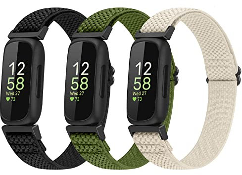 enkic Elastisches Armband für Fitbit Inspire 3/Fitbit Inspire 2/Fitbit Inspire/Inspire HR/Fitbit Ace 3/Ace 2, verstellbares dehnbares Nylon-Sport-Ersatzarmband für den Sport, Schwarz + Armeegrün +