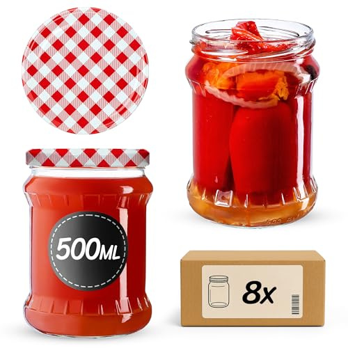 KADAX 8er Set Einmachgläser 500ml TO82 Rot Kariert, Sturzgläser Mason Jar mit Schraubdeckel, Luftdichte Twist-off Gläser, Meal Prep, Overnight Oats, Sauerteig