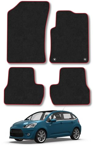 Citroen C3 (2009-2016) Carpet Car Mats | Red Edge Trim Tailored Fit Floor Mats Full Coverage Protection Accessories Easy Clean Anti Slip Made in the UK