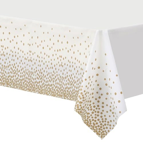 TOPWAYS White Champagne Gold Disposable Plastic Tablecloths, 2 Pack 54x108 Rectangular Party Table Cover for Picnic Baby Shower Birthday Christmas Party Engagement BBQ Anniversary Decor