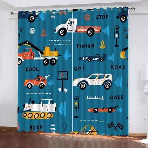 VULORA Kindervorhänge 3D Cartoon-Auto Blickdichte Gardinen Traktor Verdunkelungsvorhang mit Ösen für Jungen Mädchen Schlafzimmer Wohnzimmer Thermo Vorhänge 100x95cm(BxH), 2er Set