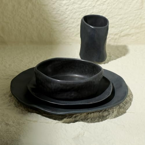 Stone by Mercer Project ATIK Stoneware Dinnerware Set, Service for 4-16 Pieces, Charcoal Black Speckled