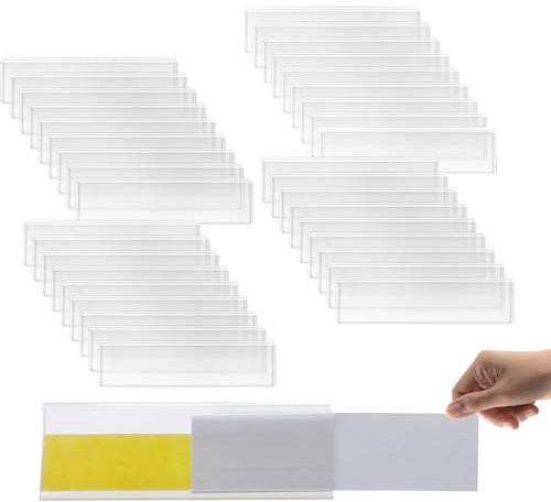 XoeLLe 50 Pezzi Porta Etichetta, Portaetichette Autoadesivo Trasparente 7,6x2,5 cm, Cartellini Prezzi Etichette Adesive Prezzo Nome Tasca per Supermercati, Armadietti, Scaffali, Uffici