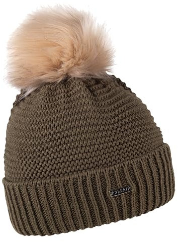 SABBOT Klassisch Damen Mütze mit Pelzbommel, Fleece-Futter, Wintermütze, Strickmuster, Warme Kappe mit Kragen (Grün)