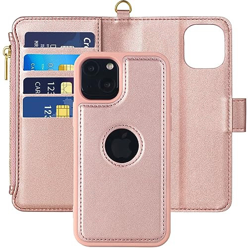 Vkooer Wallet Case for iPhone 14 / iPhone 13 6.1 inch, (2in1) Flip Foldable Cover Premium PU Leather [Detachable Magnetic] [RFID Lock] Magnetic Protective Case with Zipper Card Case - Rose Gold
