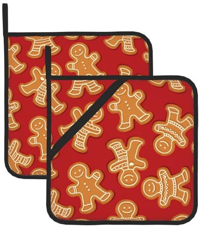 Confezione da 2 presine per cucina, motivo omino di pan di zenzero natalizio, resistenti al calore, con tasche per appenderle, panni per forno a microonde, per cucinare, campeggio, cottura